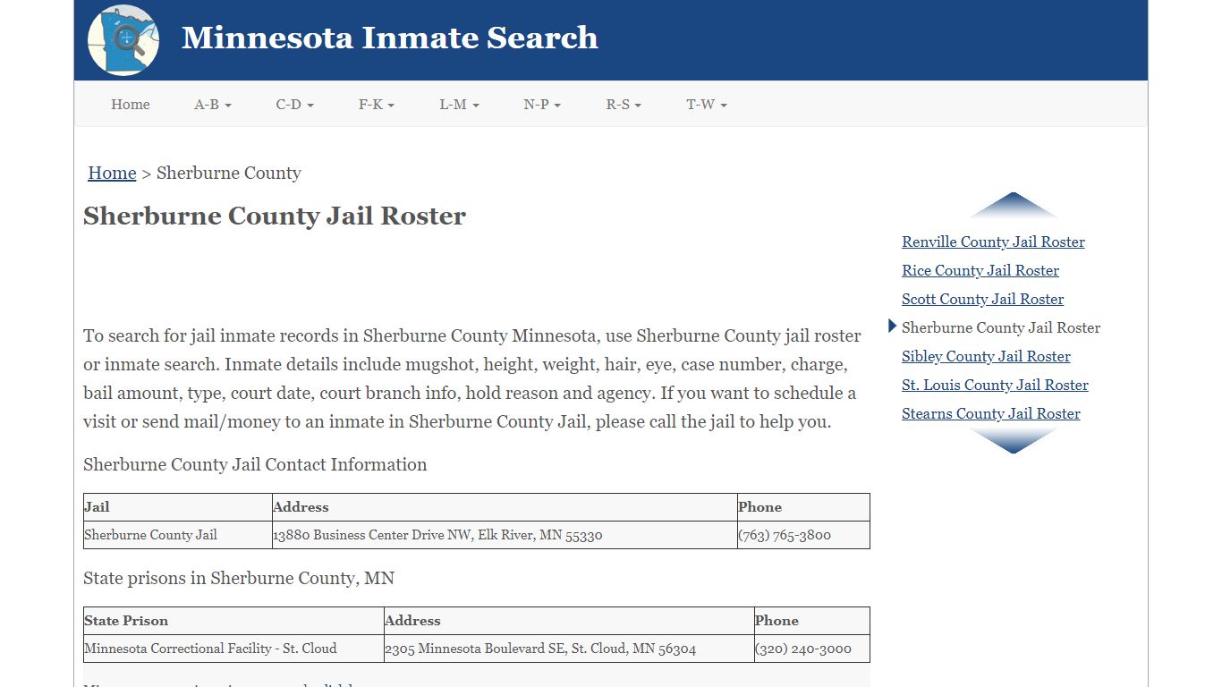 Sherburne County Jail Roster - Minnesota Inmate Search